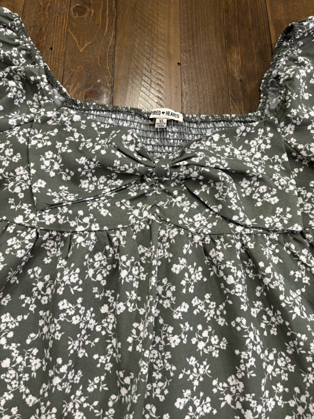 Inspired Hearts Olive Green Floral Puff Sleeve Dress with Bow Accent - Picture 2 of 5